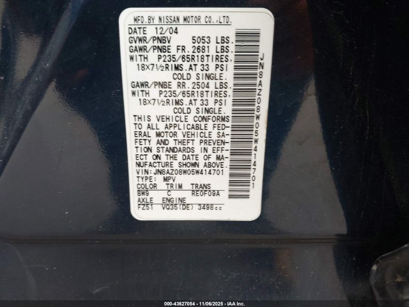 2005 Nissan Murano Sl VIN: JN8AZ08W05W414701 Lot: 43627054