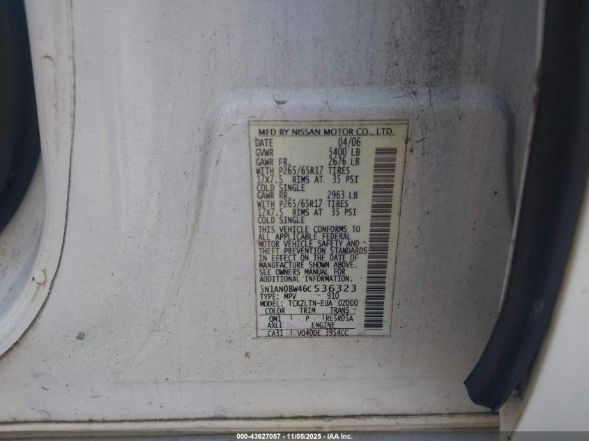 2006 Nissan Xterra Se VIN: 5N1AN08W46C536323 Lot: 43627057