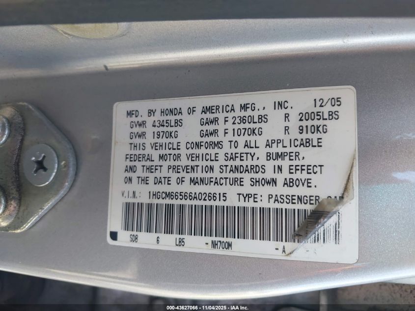 2006 Honda Accord 3.0 Ex VIN: 1HGCM66566A026615 Lot: 43627066