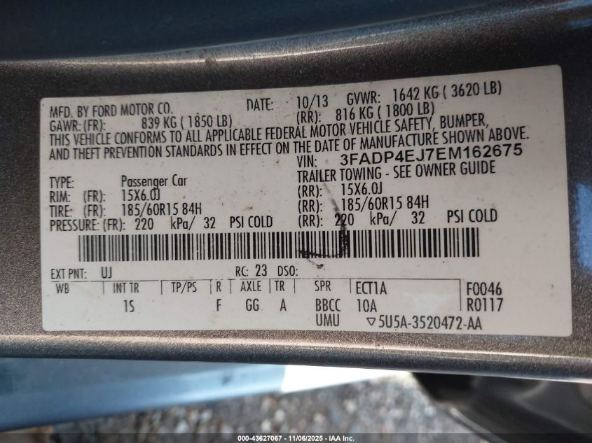 2014 Ford Fiesta Se VIN: 3FADP4EJ7EM162675 Lot: 43627067