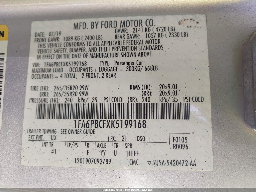 2019 FORD MUSTANG GT PREMIUM - 1FA6P8CFXK5199168