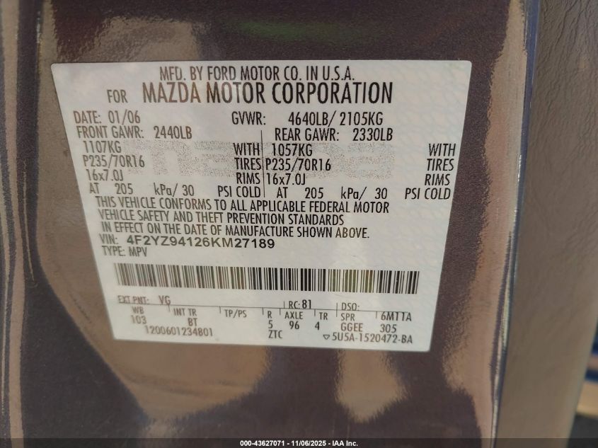 2006 Mazda Tribute S VIN: 4F2YZ94126KM27189 Lot: 43627071