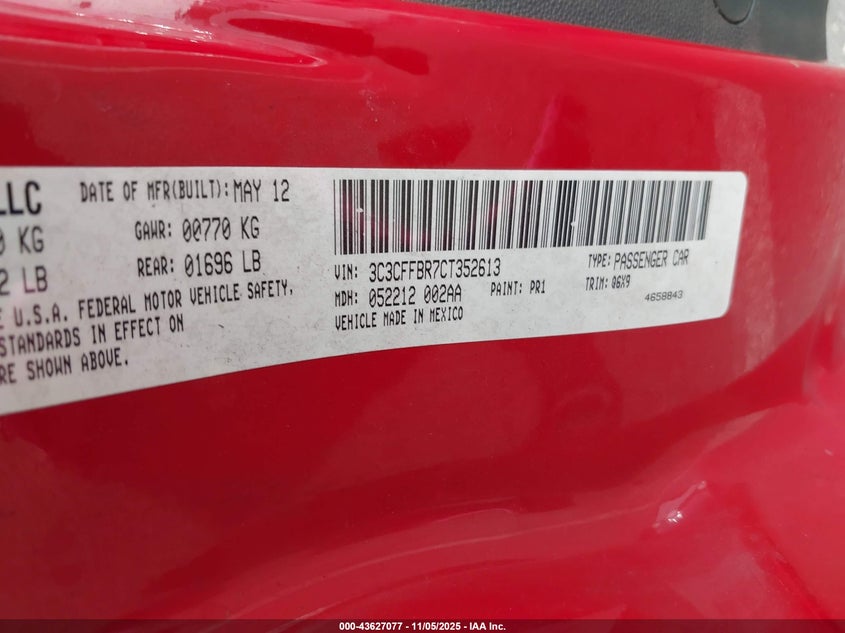 2012 Fiat 500 Sport VIN: 3C3CFFBR7CT352613 Lot: 43627077