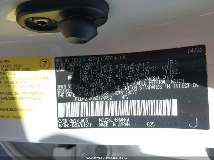 2006 Toyota Highlander Sport V6 VIN: JTEEP21A060174952 Lot: 43627082