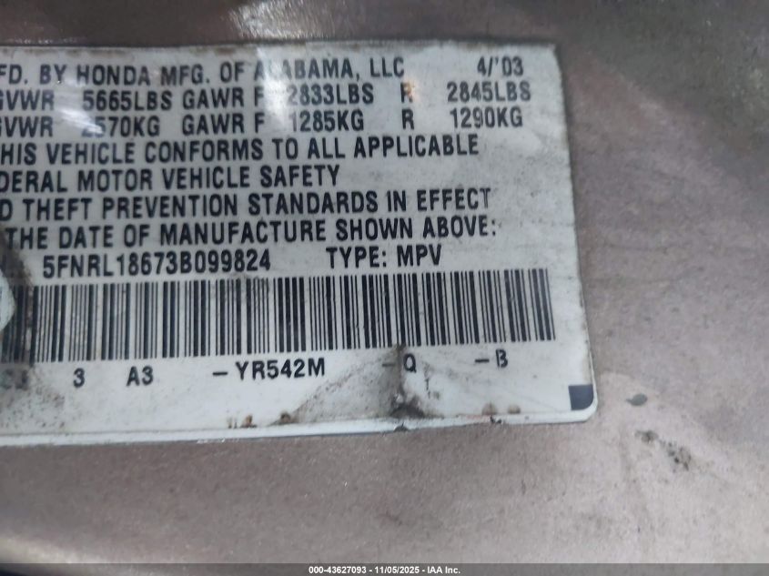 2003 Honda Odyssey Ex VIN: 5FNRL18673B099824 Lot: 43627093
