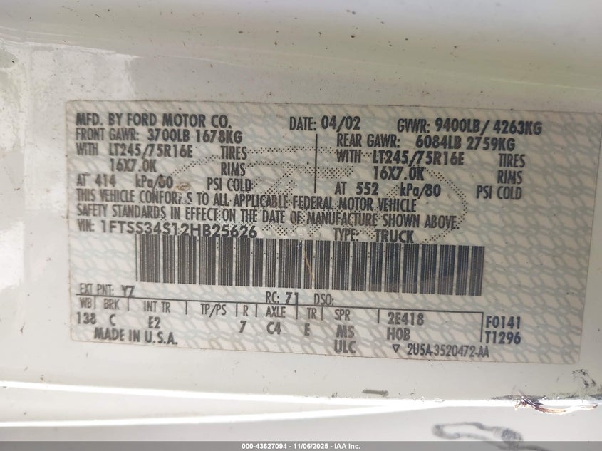 2002 Ford E-350 Super Duty Commercial/Recreational VIN: 1FTSS34S12HB25626 Lot: 43627094