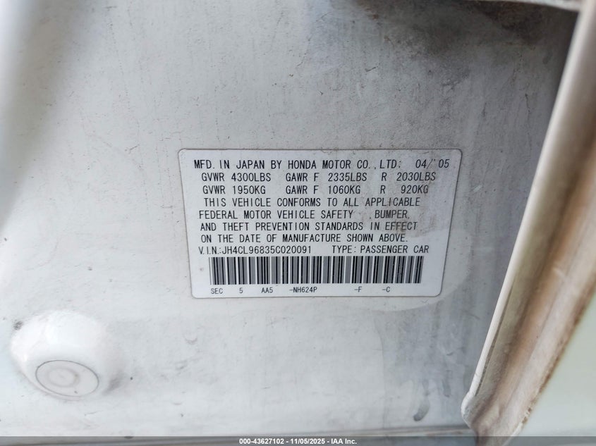 2005 Acura Tsx VIN: JH4CL96835C020091 Lot: 43627102