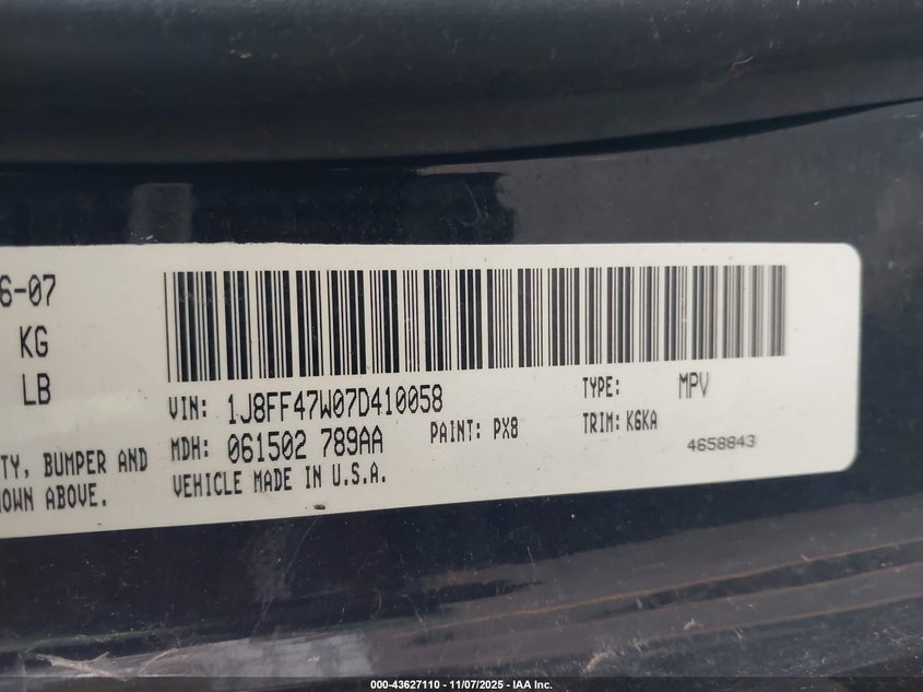 2007 Jeep Compass Sport VIN: 1J8FF47W07D410058 Lot: 43627110