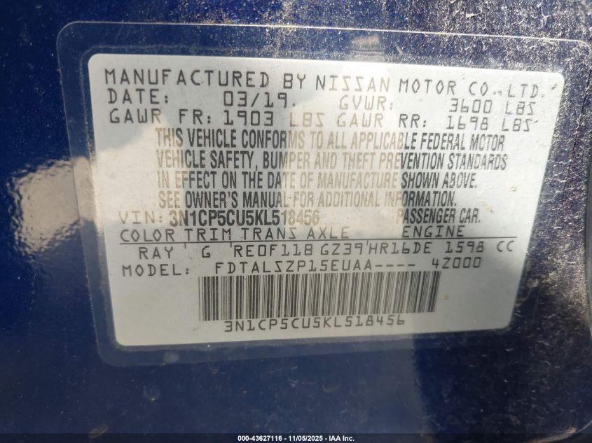 2019 Nissan Kicks Sv VIN: 3N1CP5CU5KL518456 Lot: 43627116