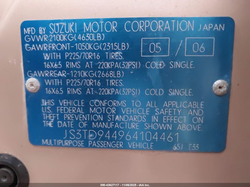 2006 Suzuki Grand Vitara Xsport VIN: JS3TD944964104461 Lot: 43627117