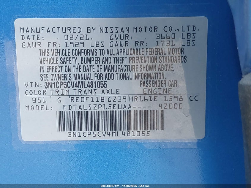 2021 NISSAN KICKS SV XTRONIC CVT 3N1CP5CV4ML481055