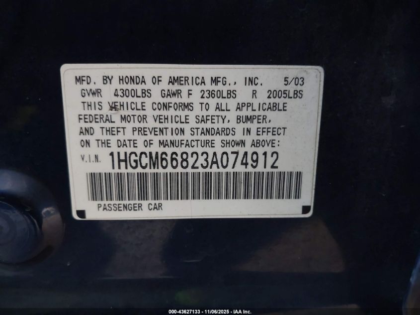 2003 Honda Accord 3.0 Ex VIN: 1HGCM66823A074912 Lot: 43627133