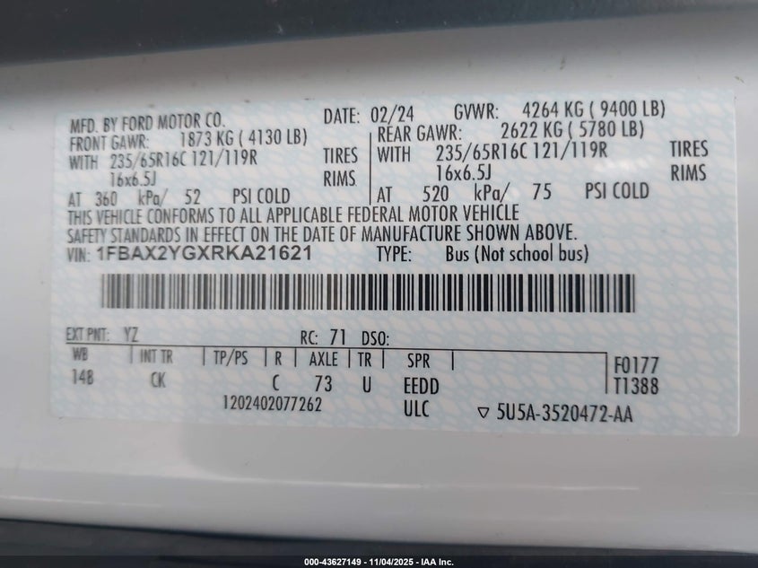 2024 Ford Transit-350 Passenger Van Xl/Xlt VIN: 1FBAX2YGXRKA21621 Lot: 43627149