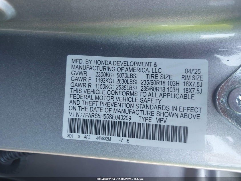 2025 HONDA CR-V HYBRID SPORT 7FARS5H55SE040209