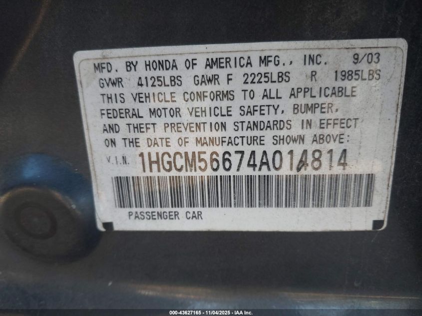 2004 Honda Accord 2.4 Ex VIN: 1HGCM56674A014814 Lot: 43627165