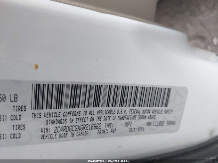 2016 Dodge Grand Caravan Sxt VIN: 2C4RDGCGXGR216662 Lot: 43627198