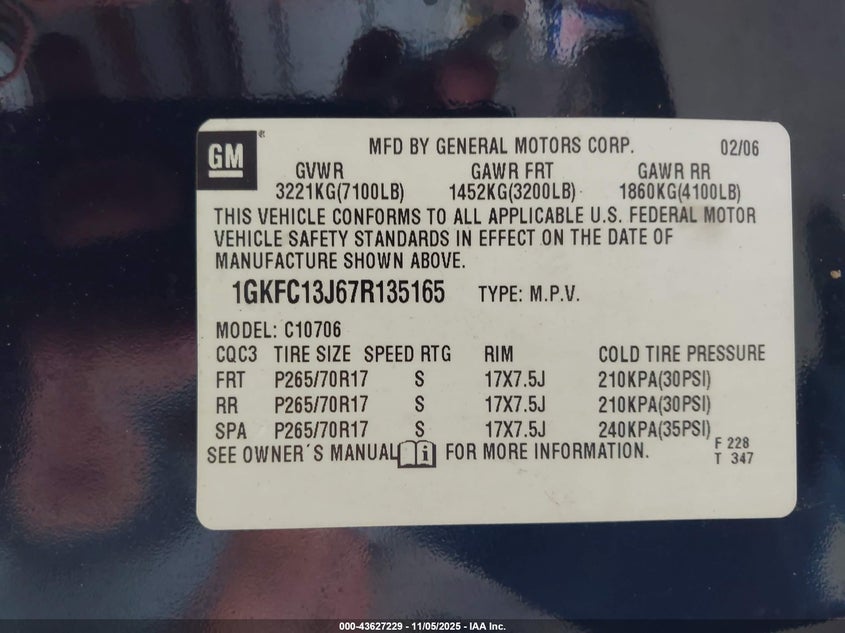 2007 GMC Yukon Slt VIN: 1GKFC13J67R135165 Lot: 43627229