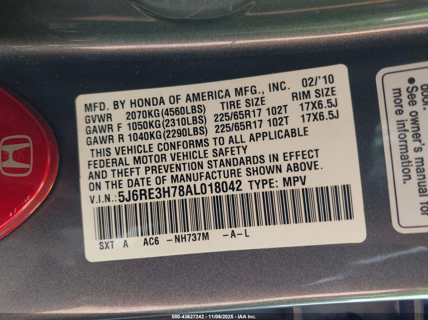 2010 Honda Cr-V Ex-L VIN: 5J6RE3H78AL018042 Lot: 43627242