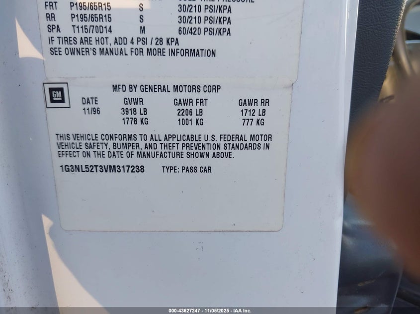 1997 Oldsmobile Achieva Series I VIN: 1G3NL52T3VM317238 Lot: 43627247