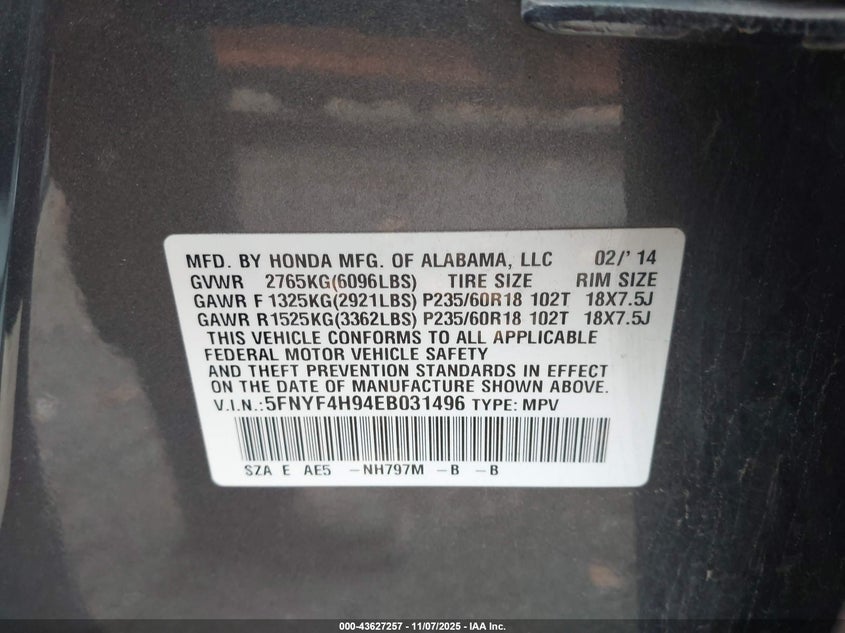 2014 HONDA PILOT TOURING - 5FNYF4H94EB031496