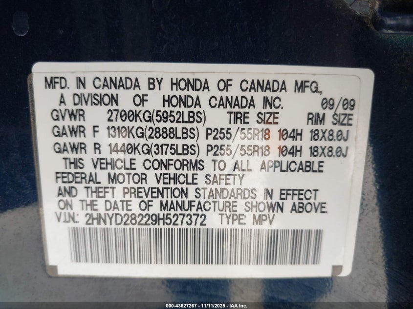 2009 Acura Mdx VIN: 2HNYD28229H527372 Lot: 43627267
