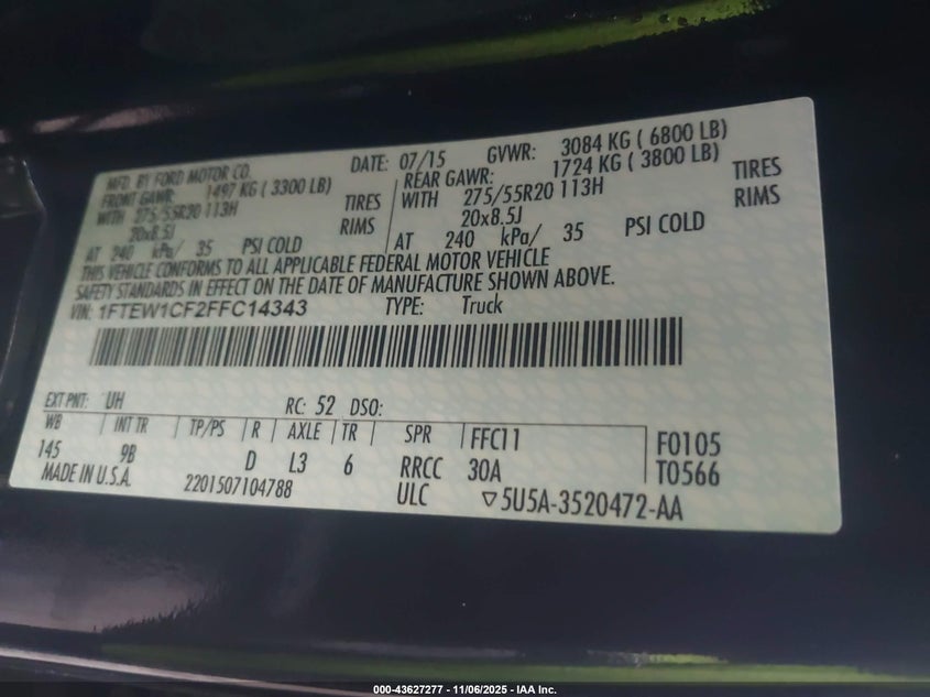 2015 FORD F-150 PLATINUM 1FTEW1CF2FFC14343