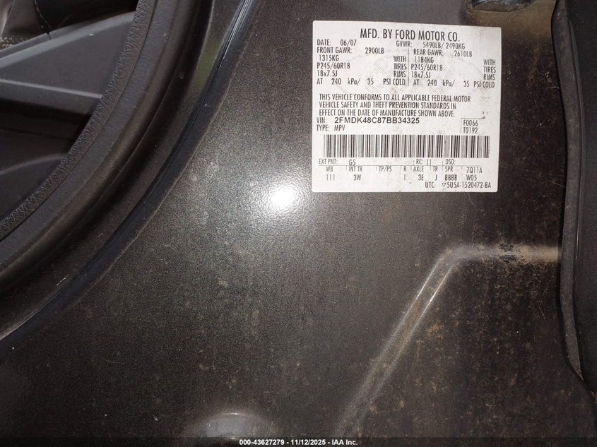 2007 Ford Edge Sel VIN: 2FMDK48C87BB34325 Lot: 43627279