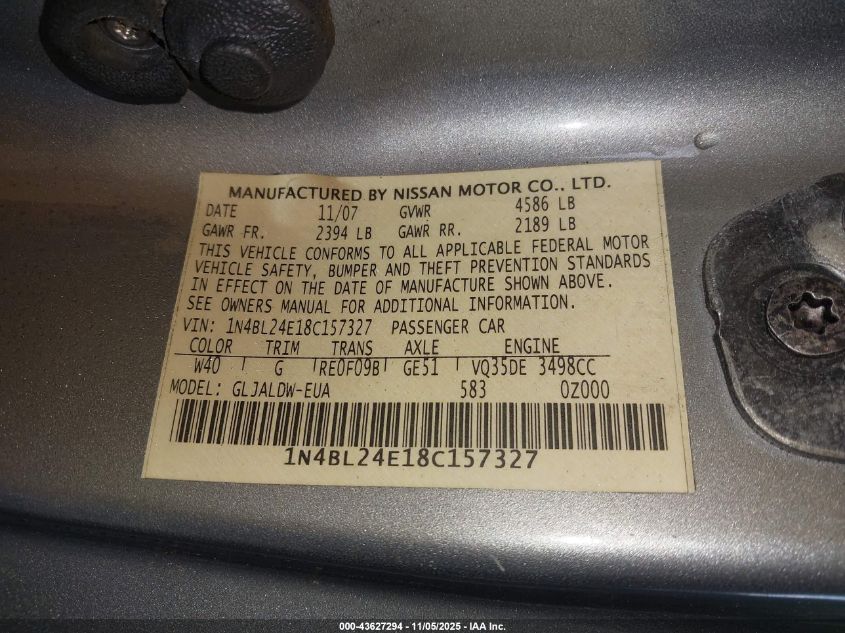 2008 Nissan Altima 3.5 Se VIN: 1N4BL24E18C157327 Lot: 43627294