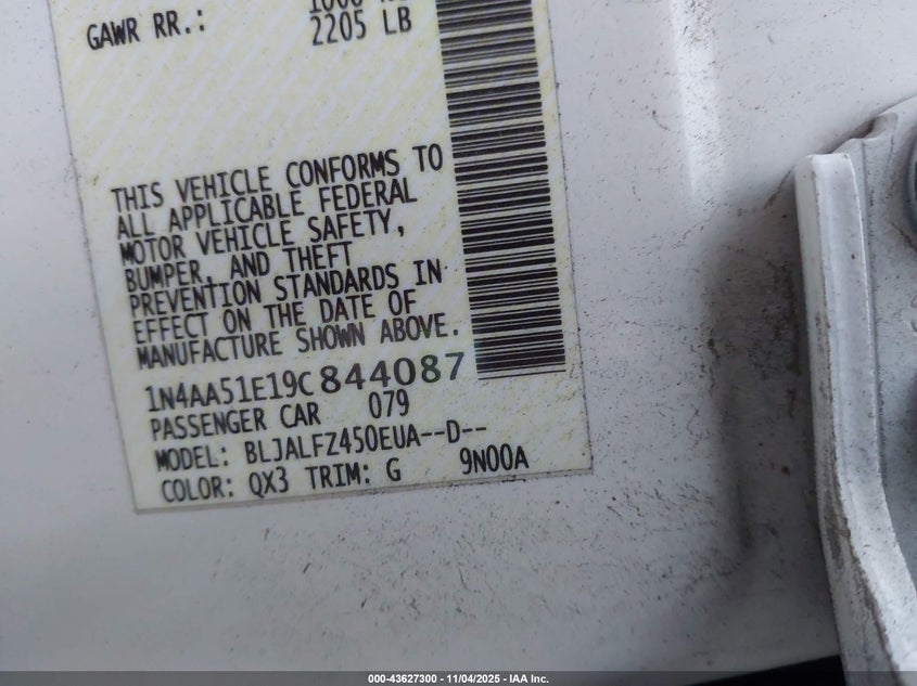 2009 Nissan Maxima 3.5 Sv VIN: 1N4AA51E19C844087 Lot: 43627300