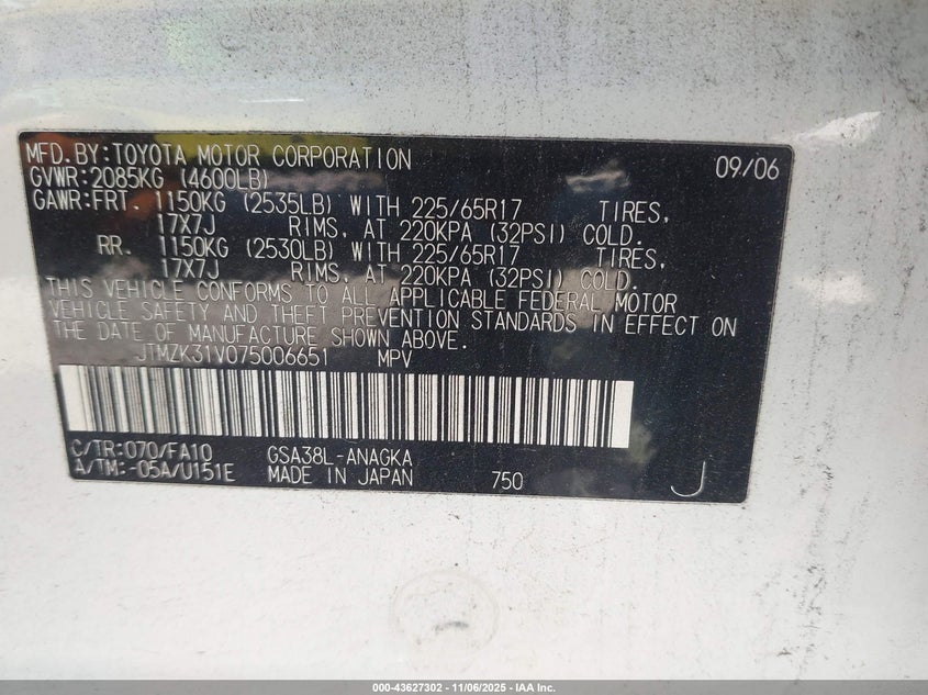 2007 Toyota Rav4 Limited V6 VIN: JTMZK31V075006651 Lot: 43627302