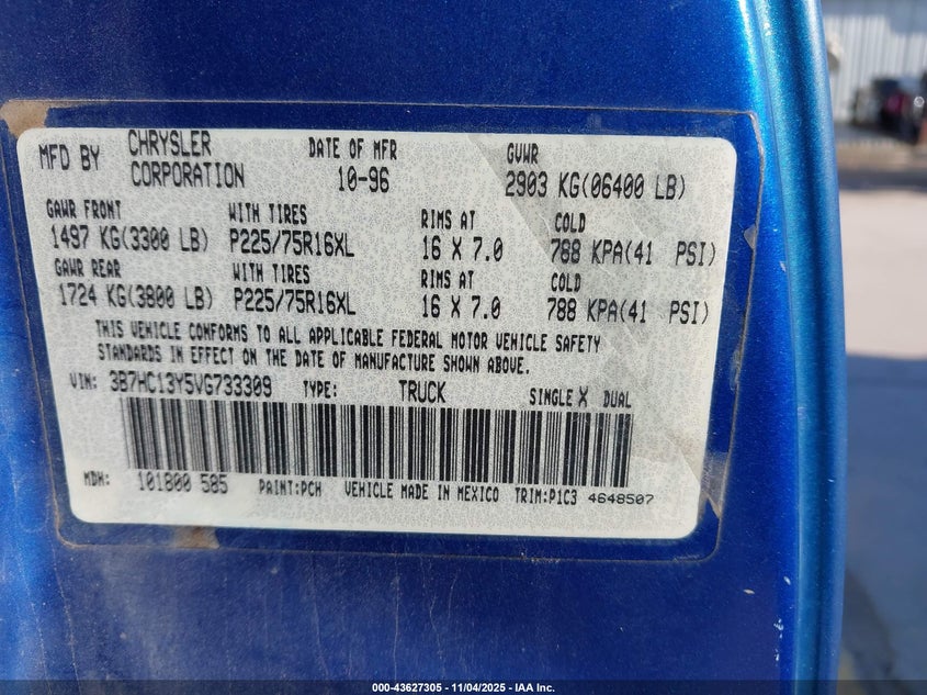 1997 Dodge Ram 1500 St VIN: 3B7HC13Y5VG733309 Lot: 43627305