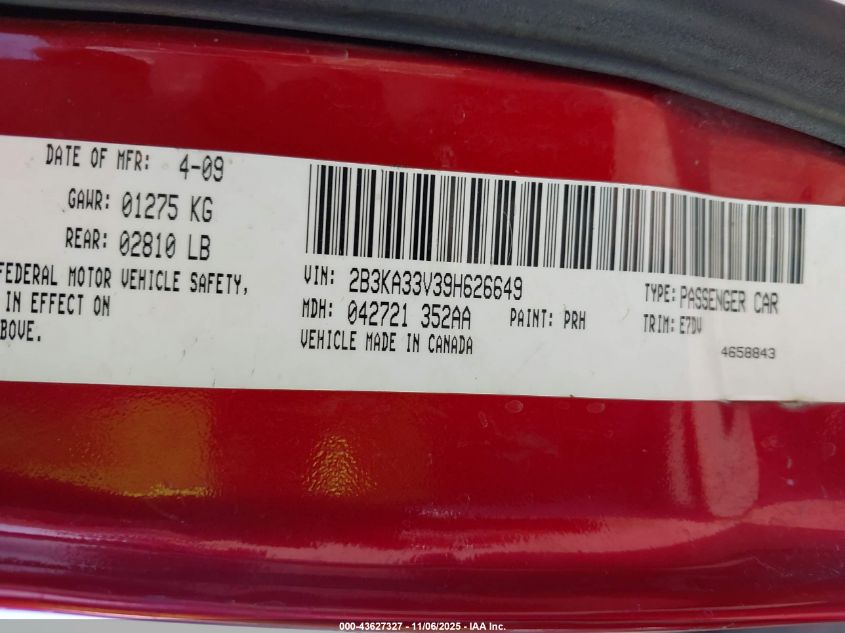 2009 Dodge Charger Sxt VIN: 2B3KA33V39H626649 Lot: 43627327