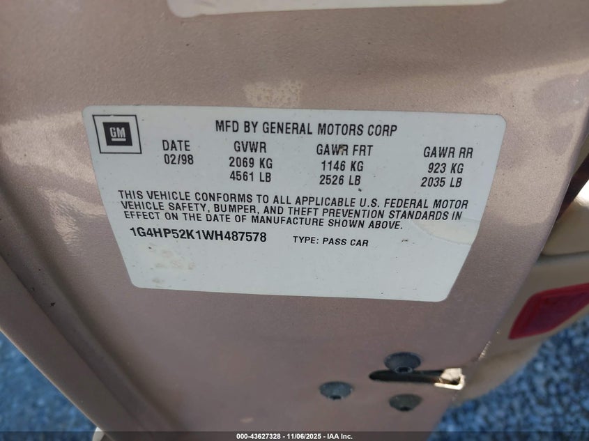 1998 Buick Lesabre Custom VIN: 1G4HP52K1WH487578 Lot: 43627328