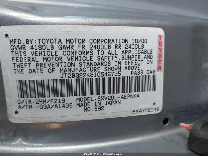 JT2BG22K810546795 2001 TOYOTA CAMRY photo no. 9