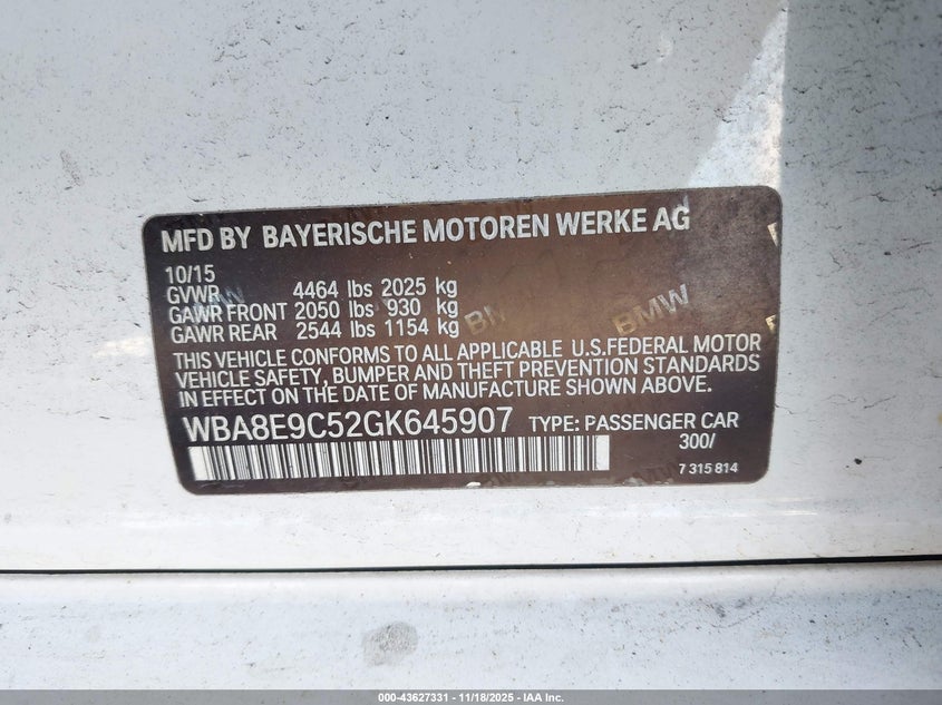 WBA8E9C52GK645907 2016 BMW 3ER photo no. 9
