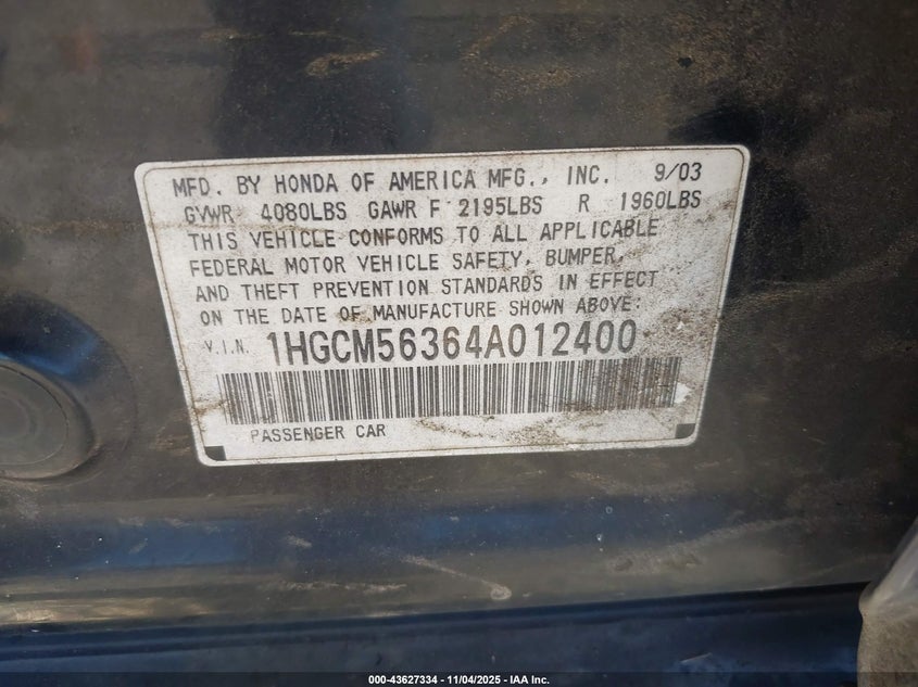 1HGCM56364A012400 2004 HONDA ACCORD photo no. 9