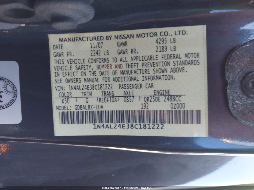 2008 Nissan Altima 2.5 S VIN: 1N4AL24E38C181222 Lot: 43627347