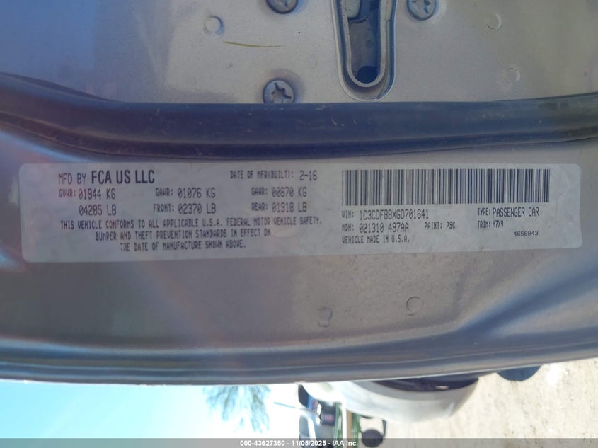 2016 Dodge Dart Sxt VIN: 1C3CDFBBXGD701641 Lot: 43627350