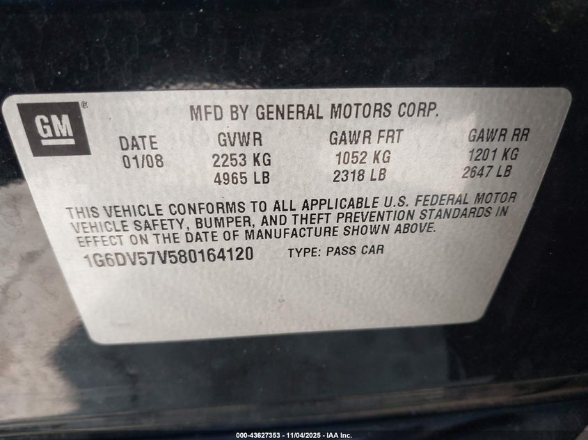 2008 Cadillac Cts Standard VIN: 1G6DV57V580164120 Lot: 43627353