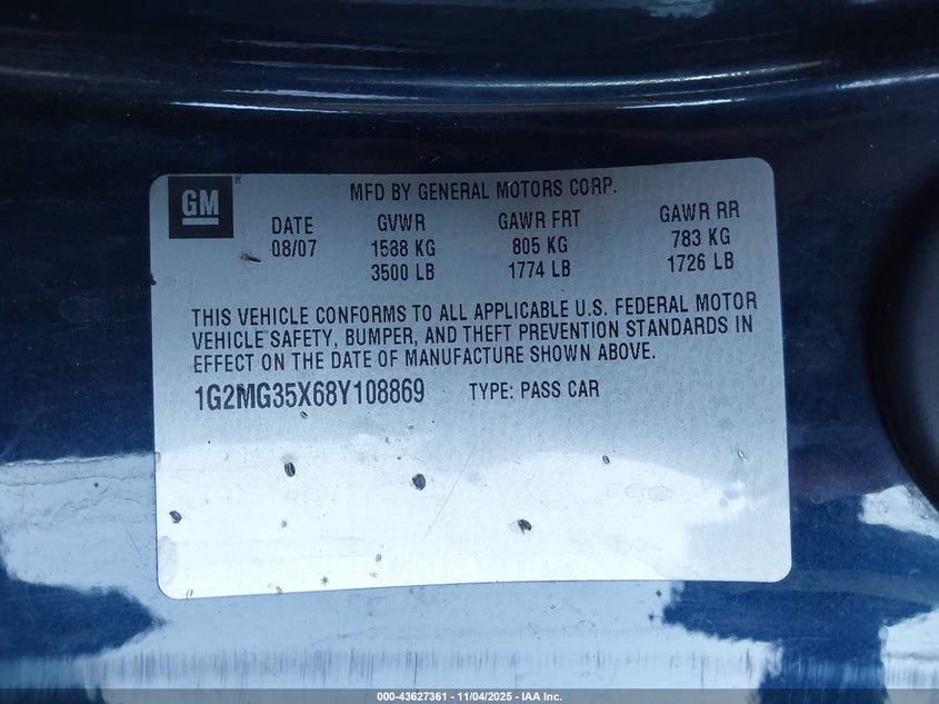 2008 Pontiac Solstice Gxp VIN: 1G2MG35X68Y108869 Lot: 43627361