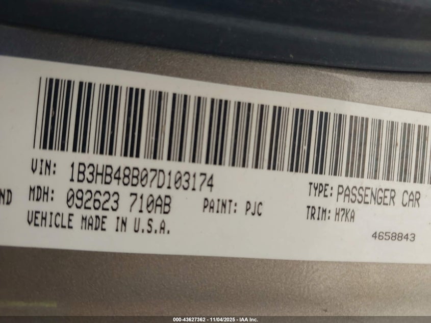 2007 Dodge Caliber Sxt VIN: 1B3HB48B07D103174 Lot: 43627362