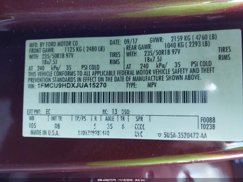 2018 Ford Escape Sel VIN: 1FMCU9HDXJUA15270 Lot: 43627379