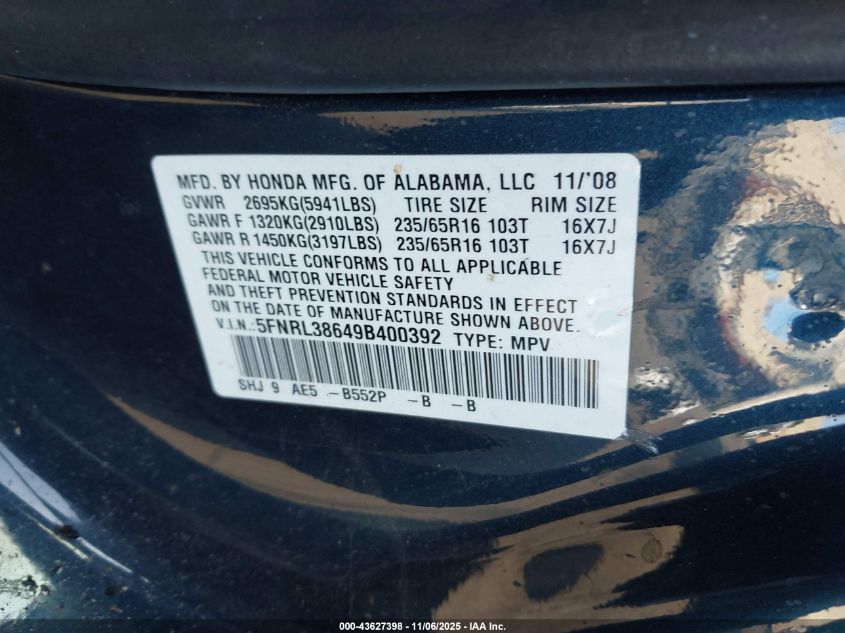 2009 Honda Odyssey Ex-L VIN: 5FNRL38649B400392 Lot: 43627398