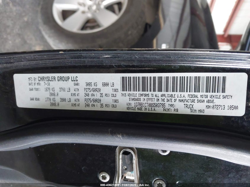 2011 Dodge Ram 1500 VIN: 1D7RB1CT0BS503795 Lot: 43627405