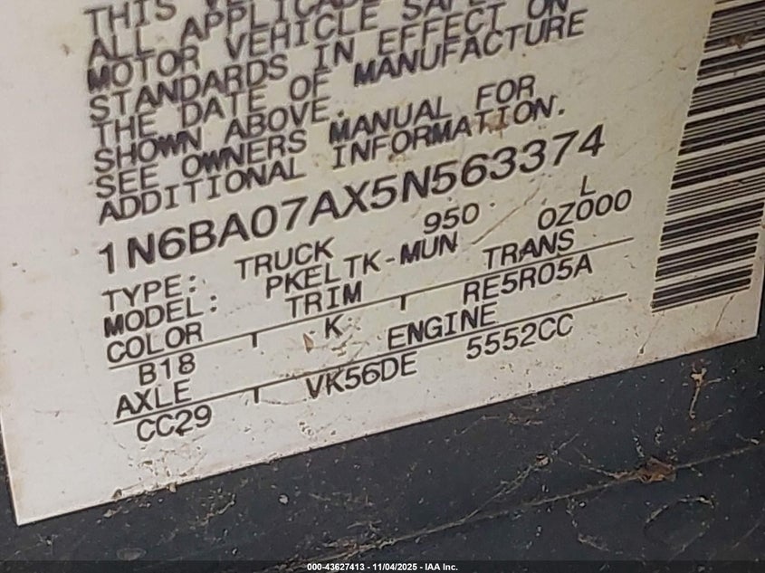 2005 Nissan Titan Se VIN: 1N6BA07AX5N563374 Lot: 43627413