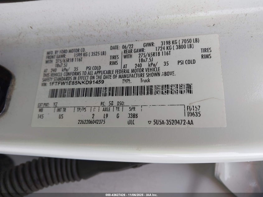 2022 Ford F-150 Xlt VIN: 1FTFW1E85NKD91459 Lot: 43627426