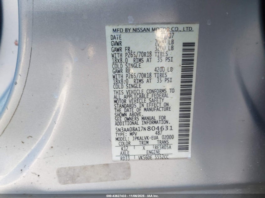 2007 Infiniti Qx56 VIN: 5N3AA08A17N804631 Lot: 43627433