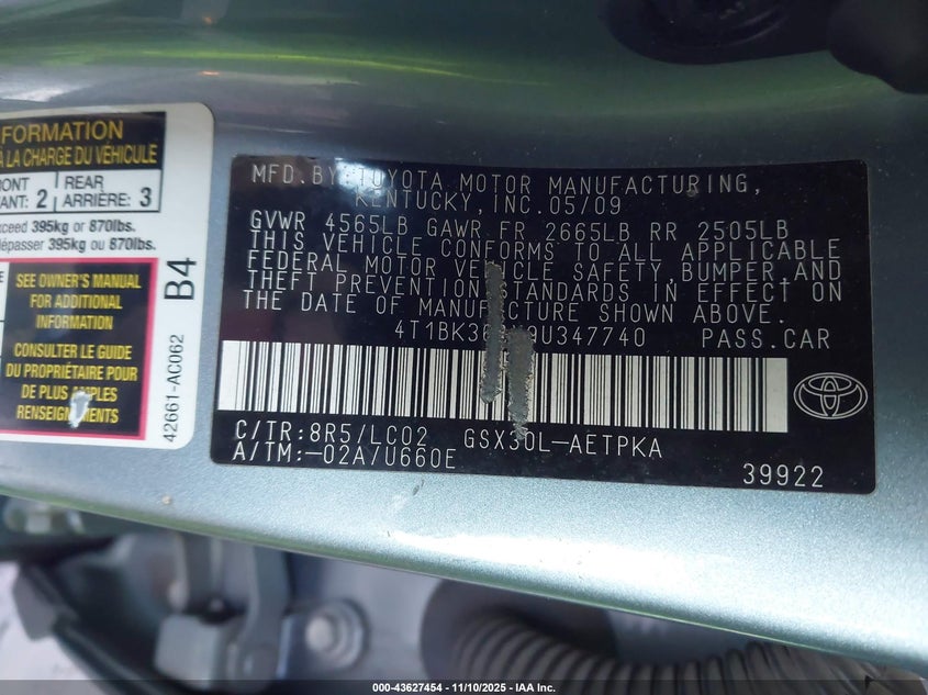 2009 Toyota Avalon Limited VIN: 4T1BK36BX9U347740 Lot: 43627454