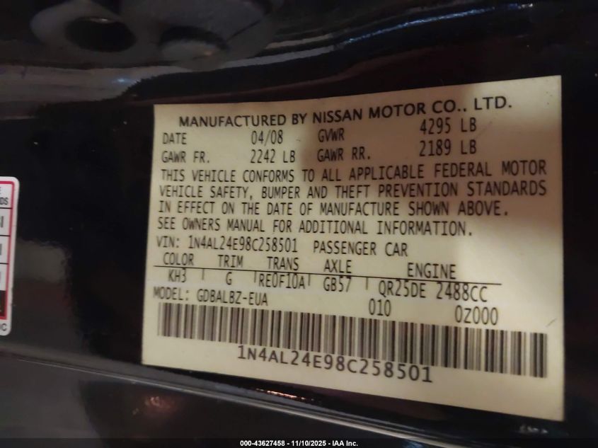 2008 Nissan Altima 2.5 S VIN: 1N4AL24E98C258501 Lot: 43627458