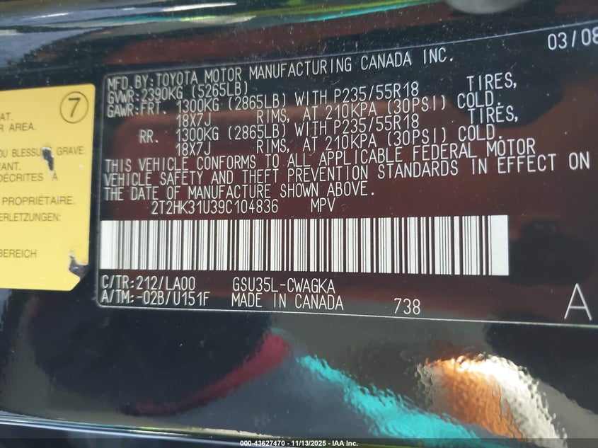 2009 Lexus Rx 350 VIN: 2T2HK31U39C104836 Lot: 43627470